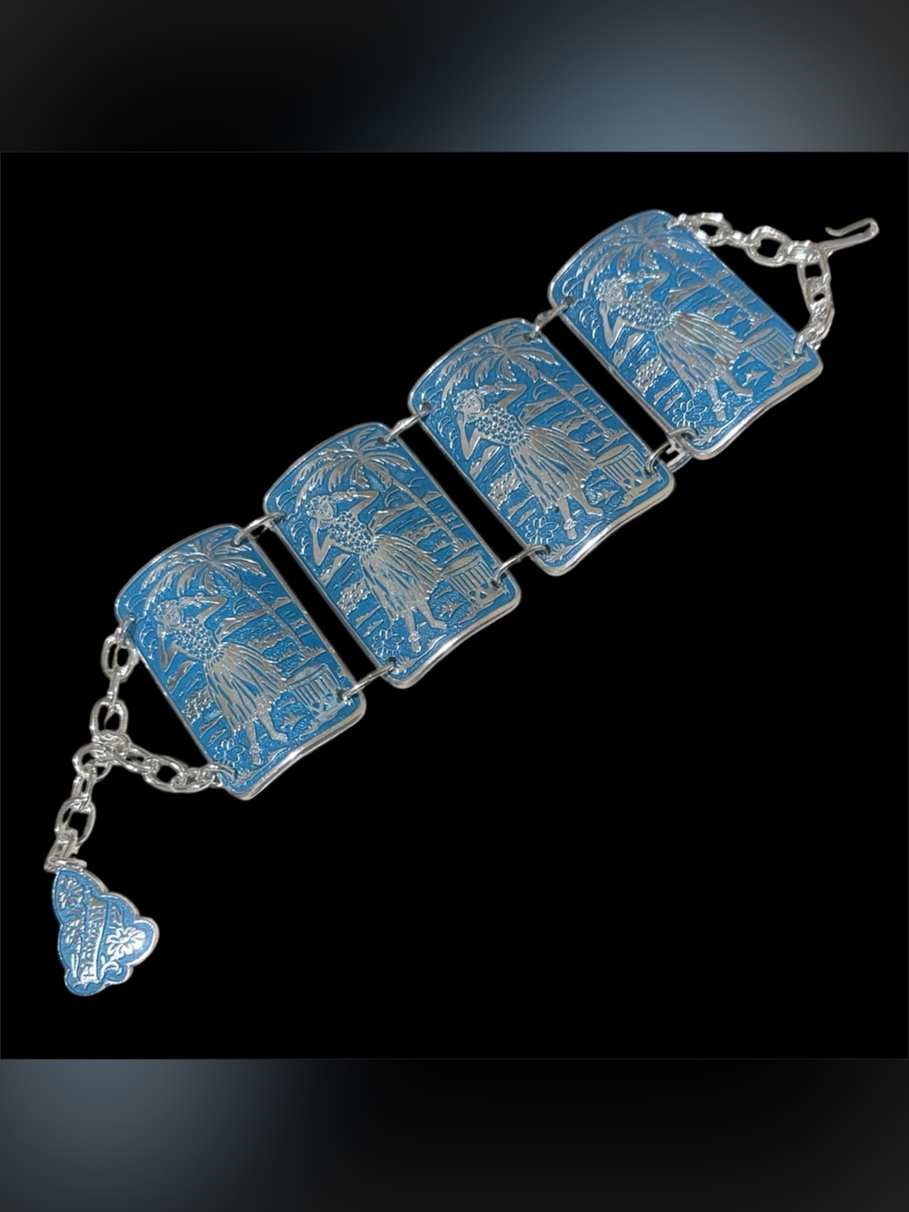 Vintage W. Germany Blue Enamel Hula Girl Hawaii Mid-Century Panel Bracelet
